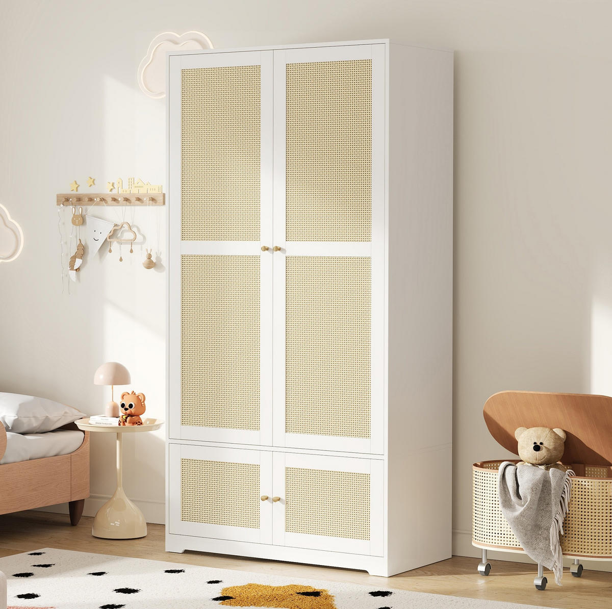 KLEIDERSCHRANK aus MDF 90x48x180 cm Weiß mit Rattantüren, Kleiderstange und Einlegeböden - Weiß, Holzwerkstoff (90/180/48cm) - Modfu