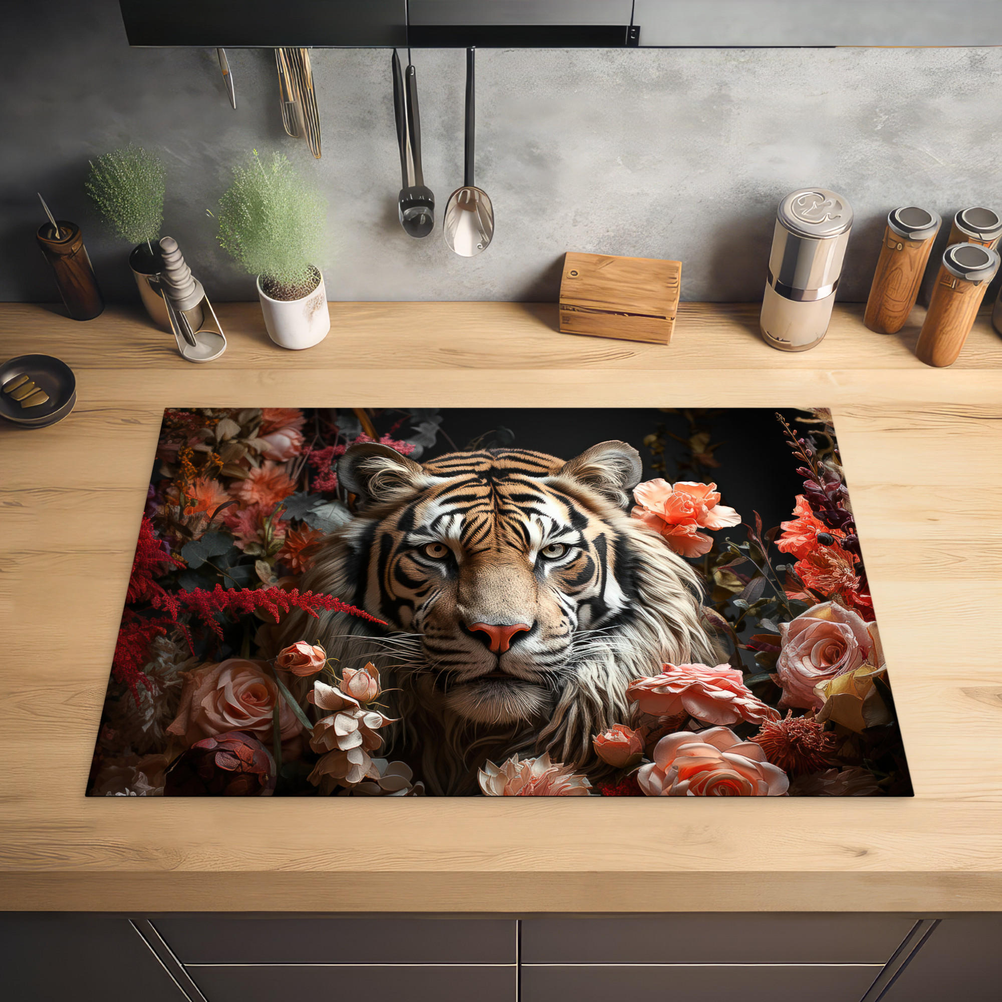 HERDABDECKPLATTE Tiger - Tier - Natur - Floral - Botanisch 76x51 cm - Orange, Kunststoff (76/0.2/51.5cm) - MuchoWow