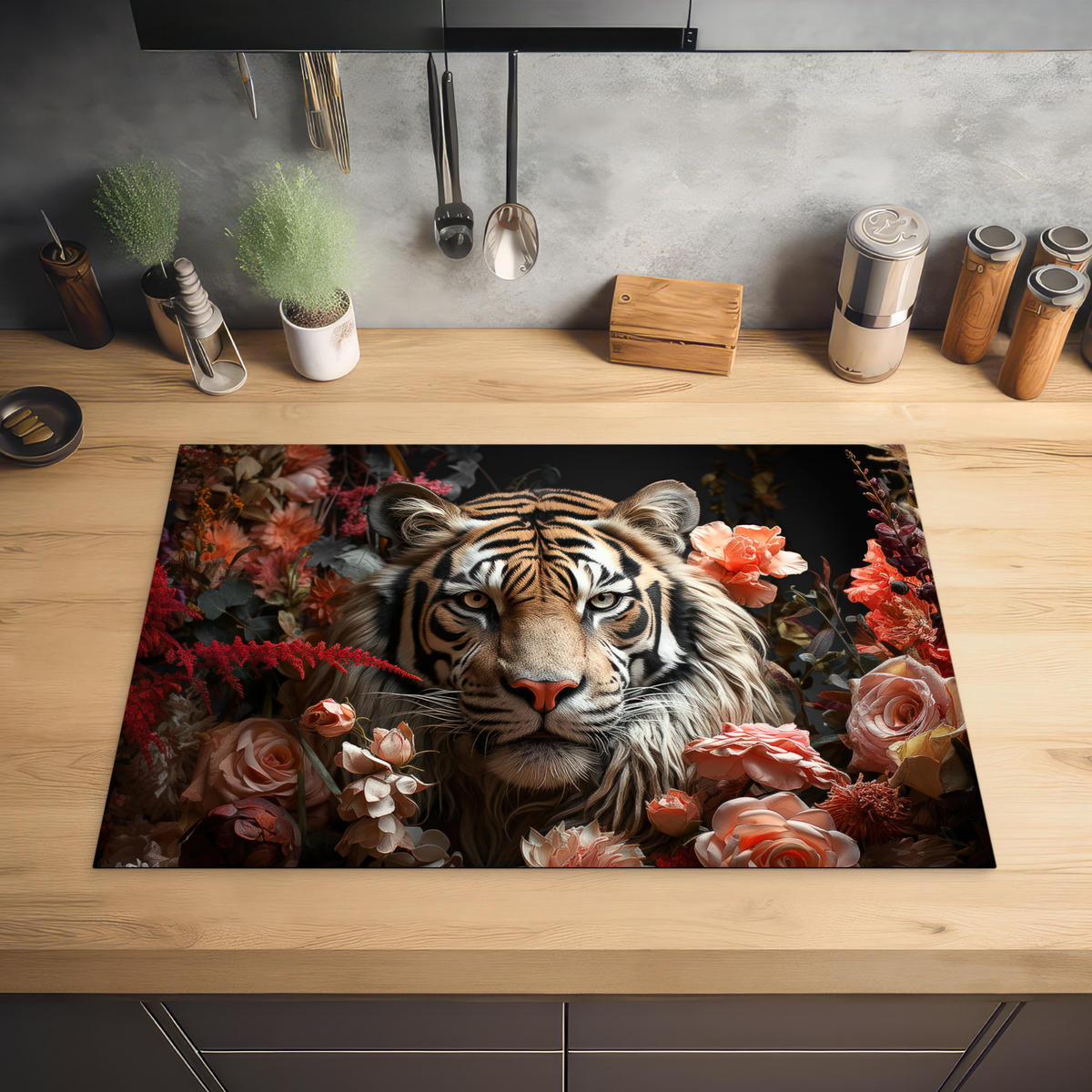 HERDABDECKPLATTE Tiger - Tier - Natur - Floral - Botanisch 76x51 cm - Orange, Kunststoff (76/0.2/51.5cm) - MuchoWow