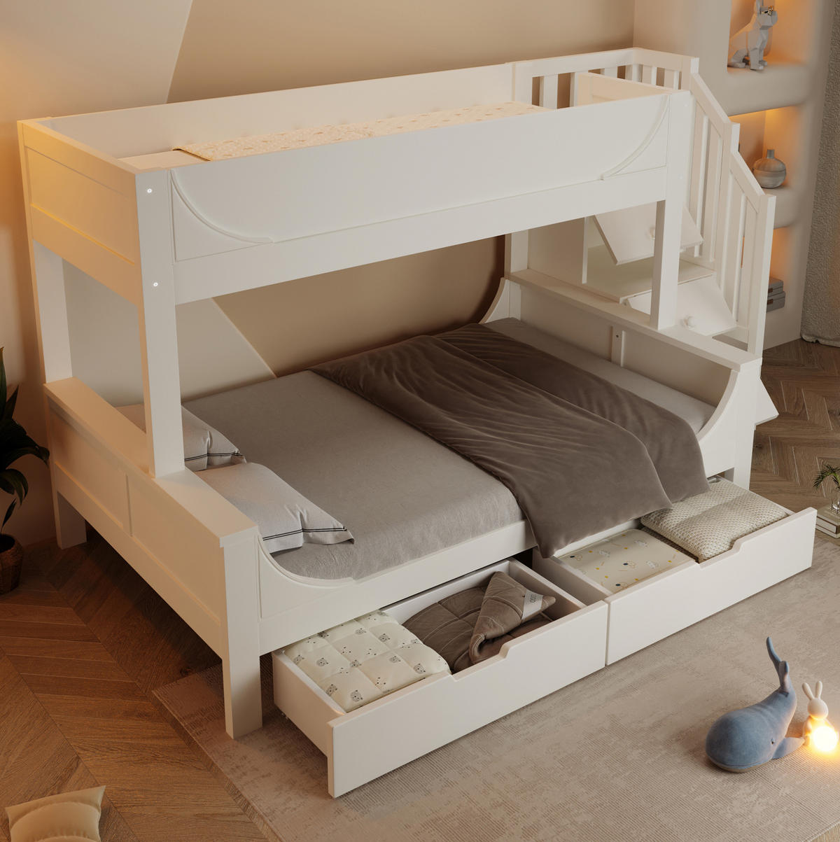 ETAGENBETT 90/140 x 200 cm mit Leiterschrank, Schubladen und Lattenrost in Schlittenform, Weiß - Weiß, Metall (90/200cm) - Redom