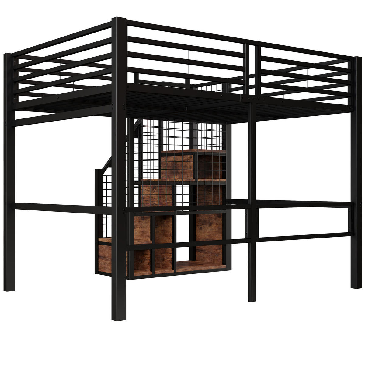 HOCHBETT 140/200 cm mit Treppe, Stauraum und Kleiderstange aus Metall, Schwarz - Schwarz, Holzwerkstoff (140/200cm) - Redom