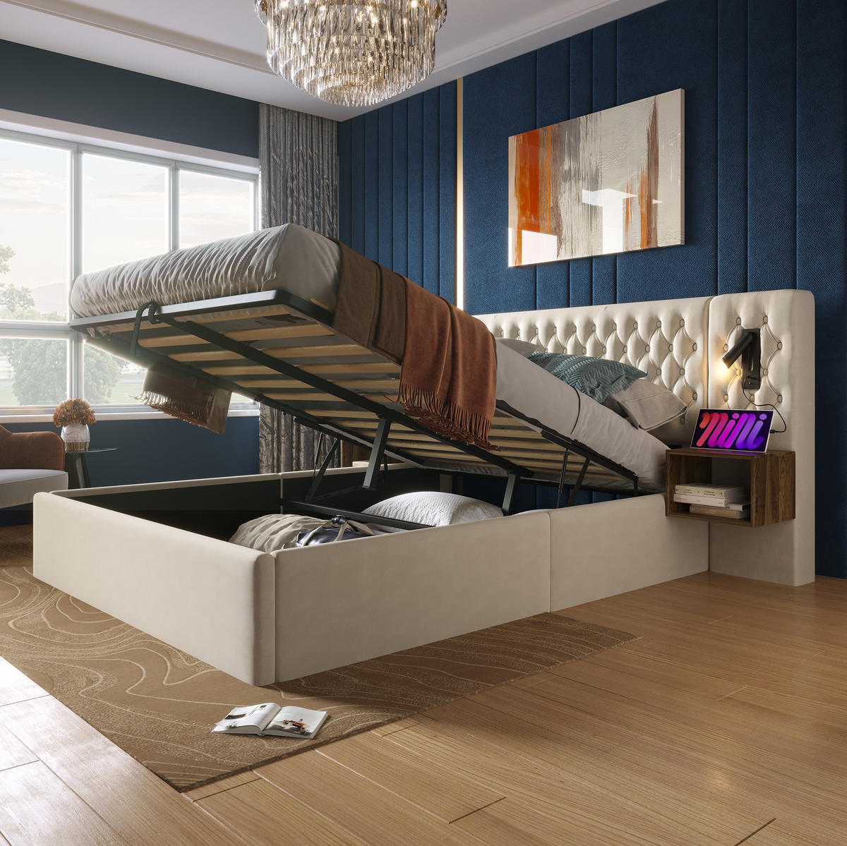 BETT mit Stauraum 160x200 cm Samt Beige mit 2 Nachttischen - Beige, Metall (160/200cm) - Meubliv