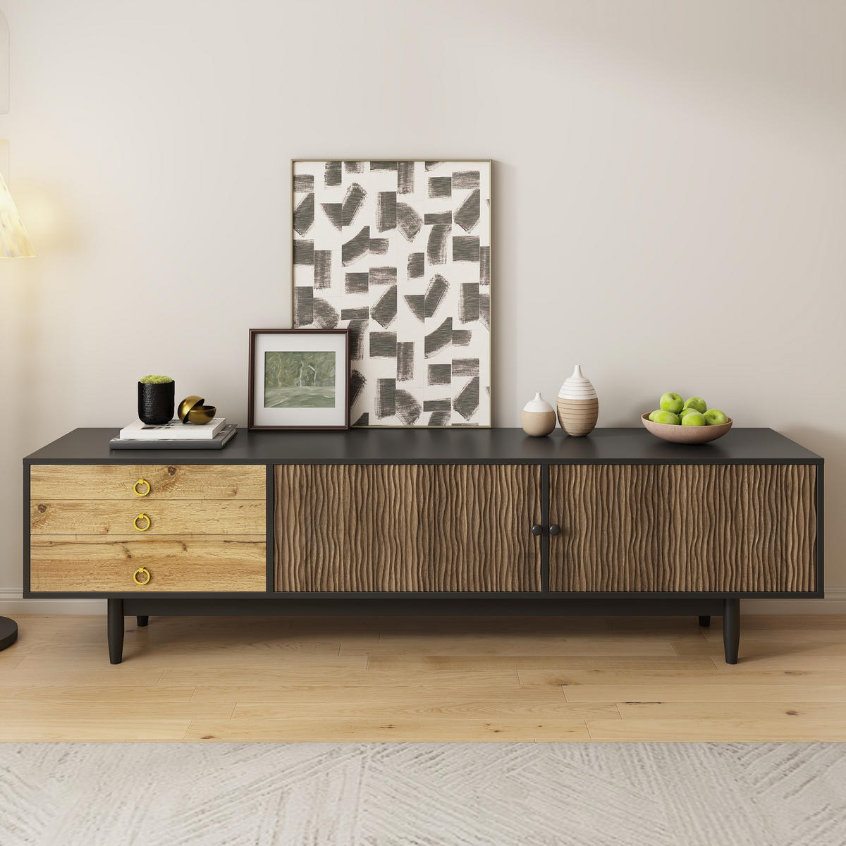 LOWBOARD in Schwarz und Naturfarben mit Wellenmuster und Schubladen für Wohnzimmer, B180/T38/H50 cm - Schwarz/Naturfarben, Holz/Holzwerkstoff (180/50/38cm) - STILVORA
