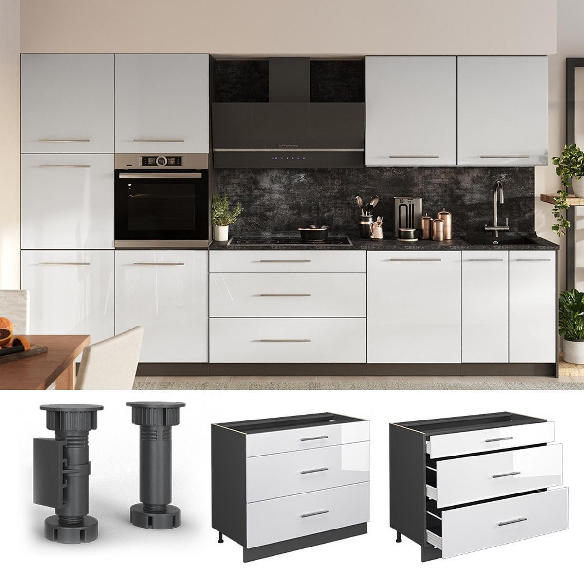 KÜCHENUNTERSCHRANK Fame-Line, Weiß Hochglanz/Anthrazit, 100 cm, AP Anthrazit - Weiß Hochglanz/Anthrazit, Holzwerkstoff (100/82/60cm) - Vicco