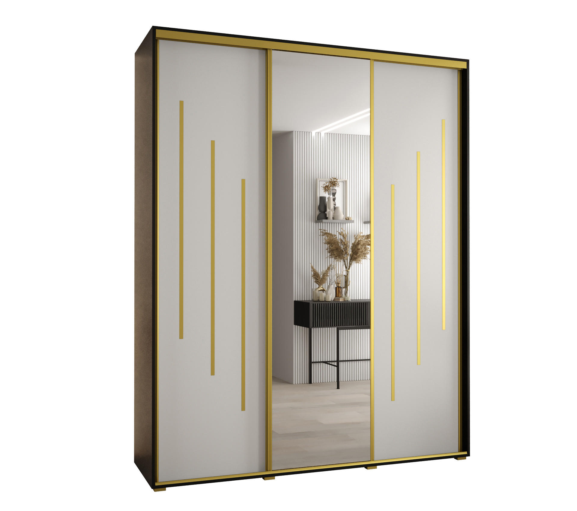 Abiks Möbel Schwebetürenschrank Schwarz, Weiß, Gold 190x235x45 cm