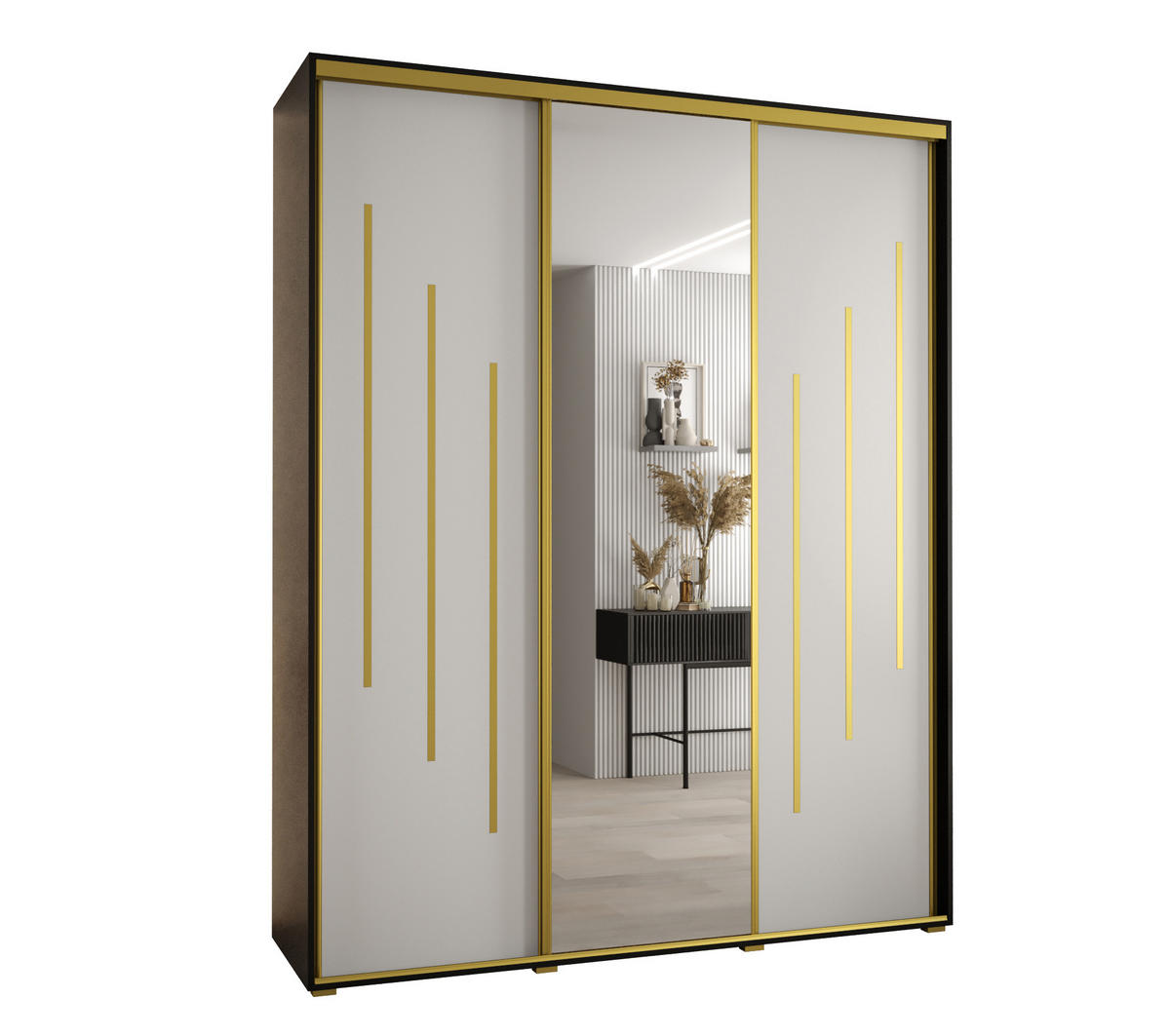 SCHWEBETÜRENSCHRANK 235,2/200/45 3-türig - Goldfarben/Schwarz, Holz/Metall (200/235/45cm) - Abiks Möbel