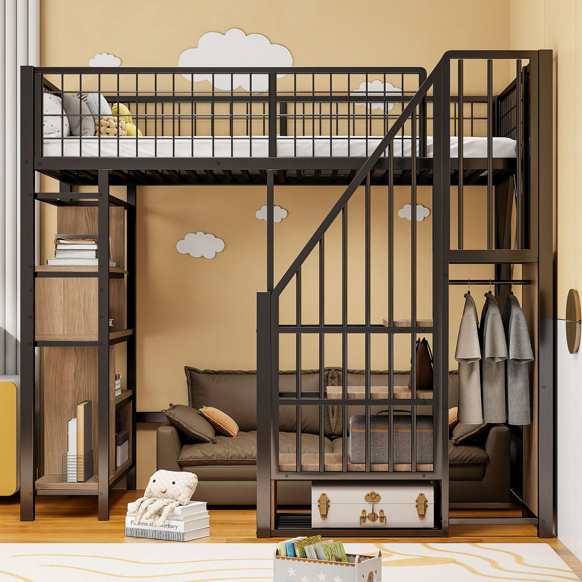 HOCHBETT 90/200 cm aus Metall und Holzwerkstoff mit Stauraumtreppe und Regalfächern, Schwarz - Schwarz, Metall (90/200cm) - Redom