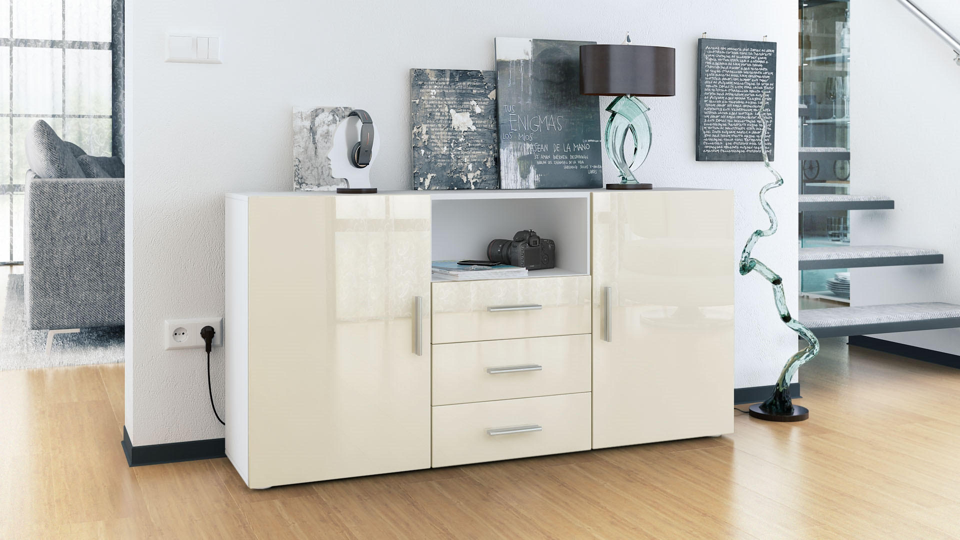 SIDEBOARD Skadu Front in Creme Hochglanz - Creme, Holzwerkstoff (138.5/71.5/35cm) - Vladon