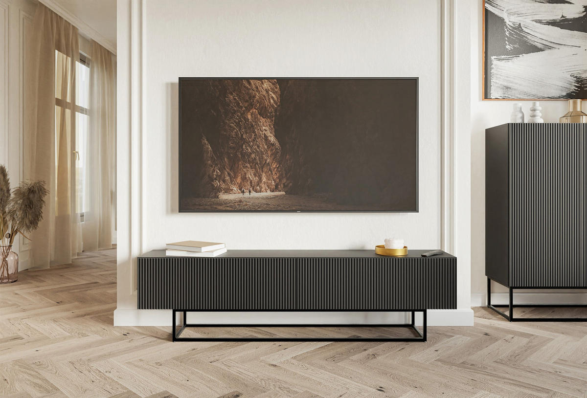 TV stolek Veldio bílý s černým kovovým rámem 175 cm - černá, kov/kompozitní dřevo (175/46.5/31.6cm) - Selsey