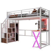 HOCHBETT aus Metall und MDF 90x200 cm Weiß mit LED-Beleuchtung, Schreibtisch, Kleiderschrank und Stauraumleiter - Weiß, Metall (90/200cm) - IVMEU