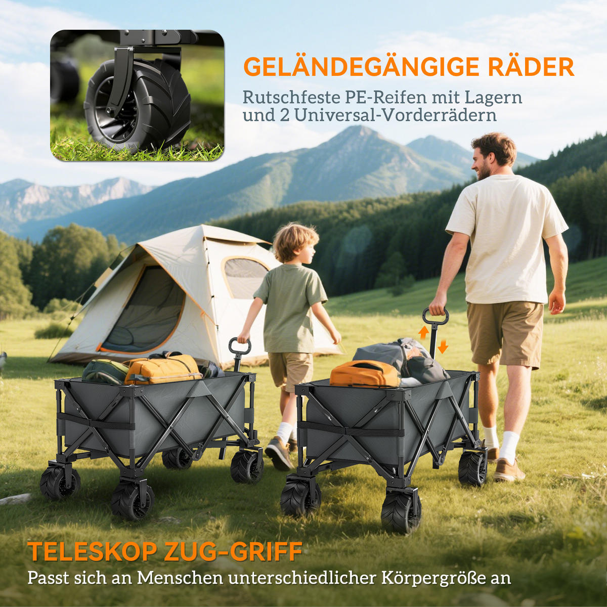 GARTENWAGEN DE-10507 faltbar, 360°-Räder, 70 kg Dunkelgrau - Dunkelgrau, Metall (55/91/108cm) - ComfortXL