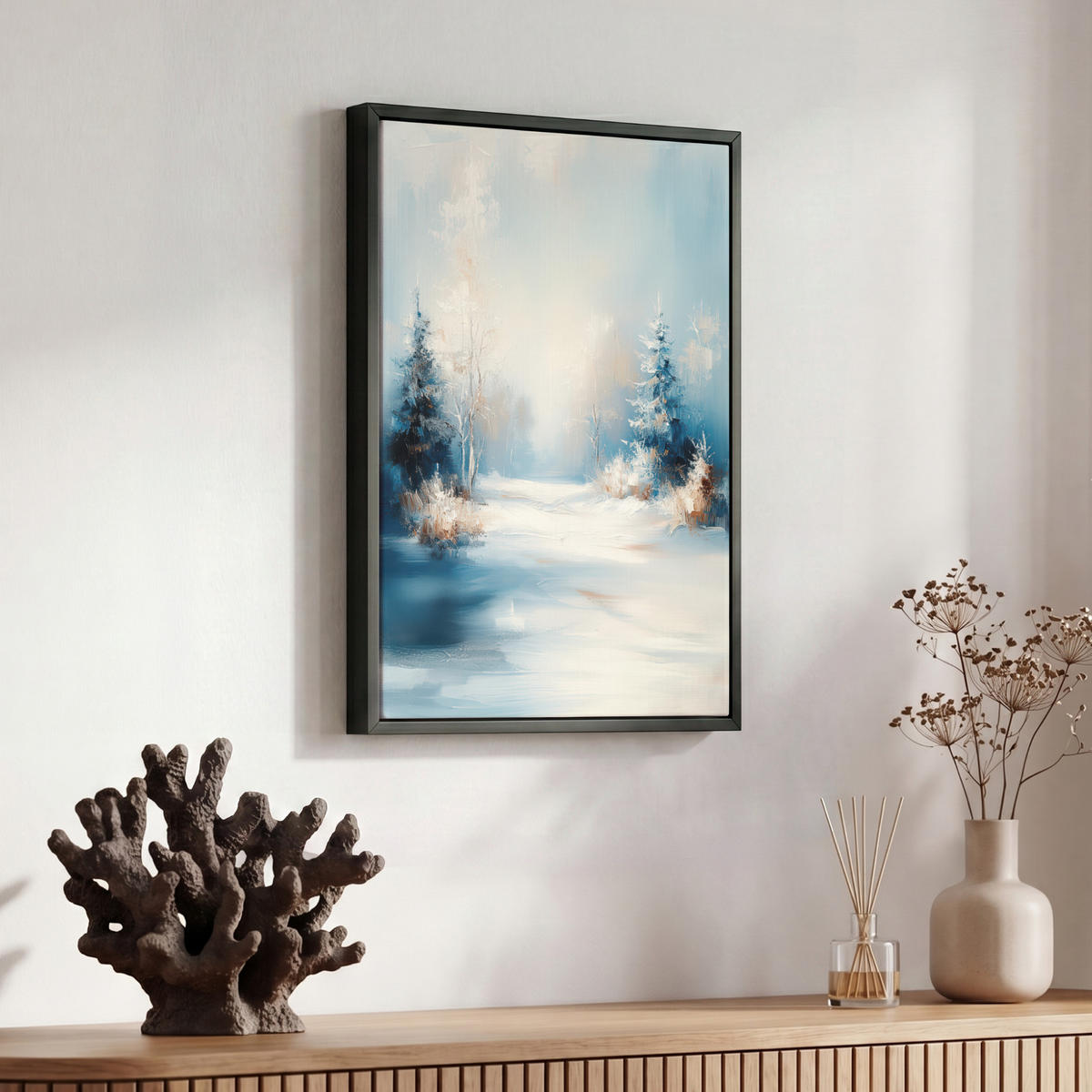 LEINWAND Bilder mit Rahmen - Wald – Winter – Natur – Abstrakt – Schnee - 30x40 - Weiß, Textil (30/40cm) - MuchoWow