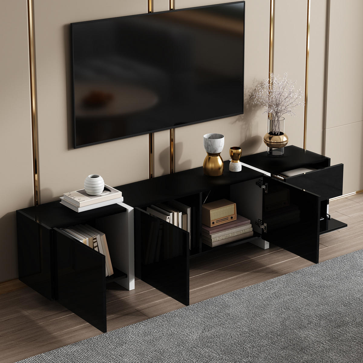 TV-SCHRANK in Schwarz/Weiß Hochglanz mit 3 Türen und Schublade 170/30/39 cm - Schwarz, Holzwerkstoff (170/39/30cm) - Redom