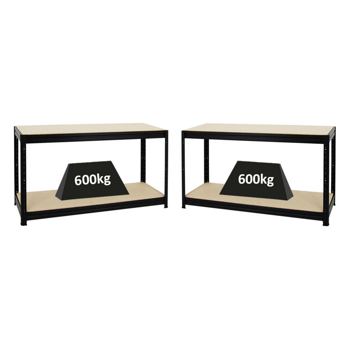 WERKBANK Dino 2er-Set mit 2x höhenverstellbar 90x160x60 cm Traglast 600 kg Schwarz - Schwarz, Metall (320/90/60cm) - PROREGAL