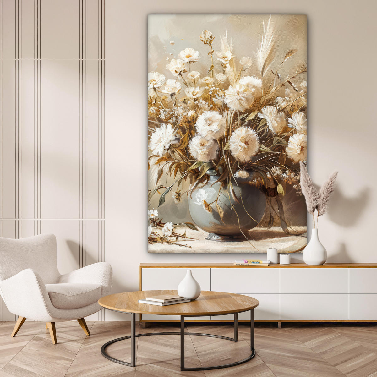 LEINWANDBILD Blumen - Vase - Stilleben - Beige Deko Groß 90x140 cm - Creme, Textil (90/140cm) - MuchoWow