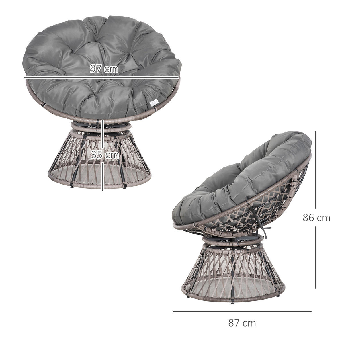 PAPASANSESSEL, Korbsessel, Sessel mit Polster, 360 Grad, Rattan, Grau - Grau, Kunststoff (97/86/87cm) - Outsunny