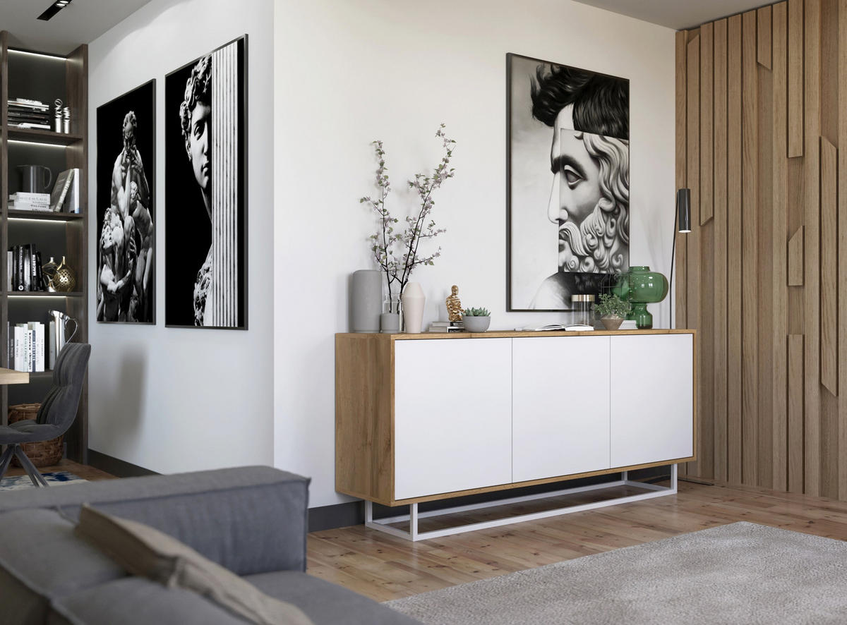 KOMMODE Apollo 3D Eiche wotan Weiß Matt 168 cm - Weiß, Holzwerkstoff/Metall (168/72/35cm) - Meble Lindner