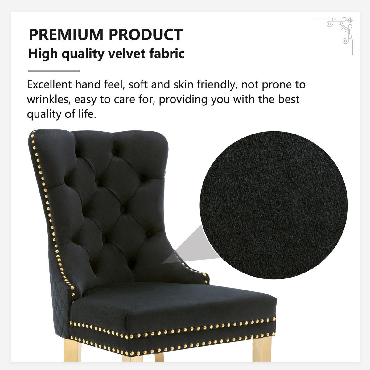 ESSZIMMERSTUHL 2-Tlg Samt Schwarz Gold, Nagelkopf, Gold Beine - Schwarz, Textil (50.5/95/45cm) - FLIEKS