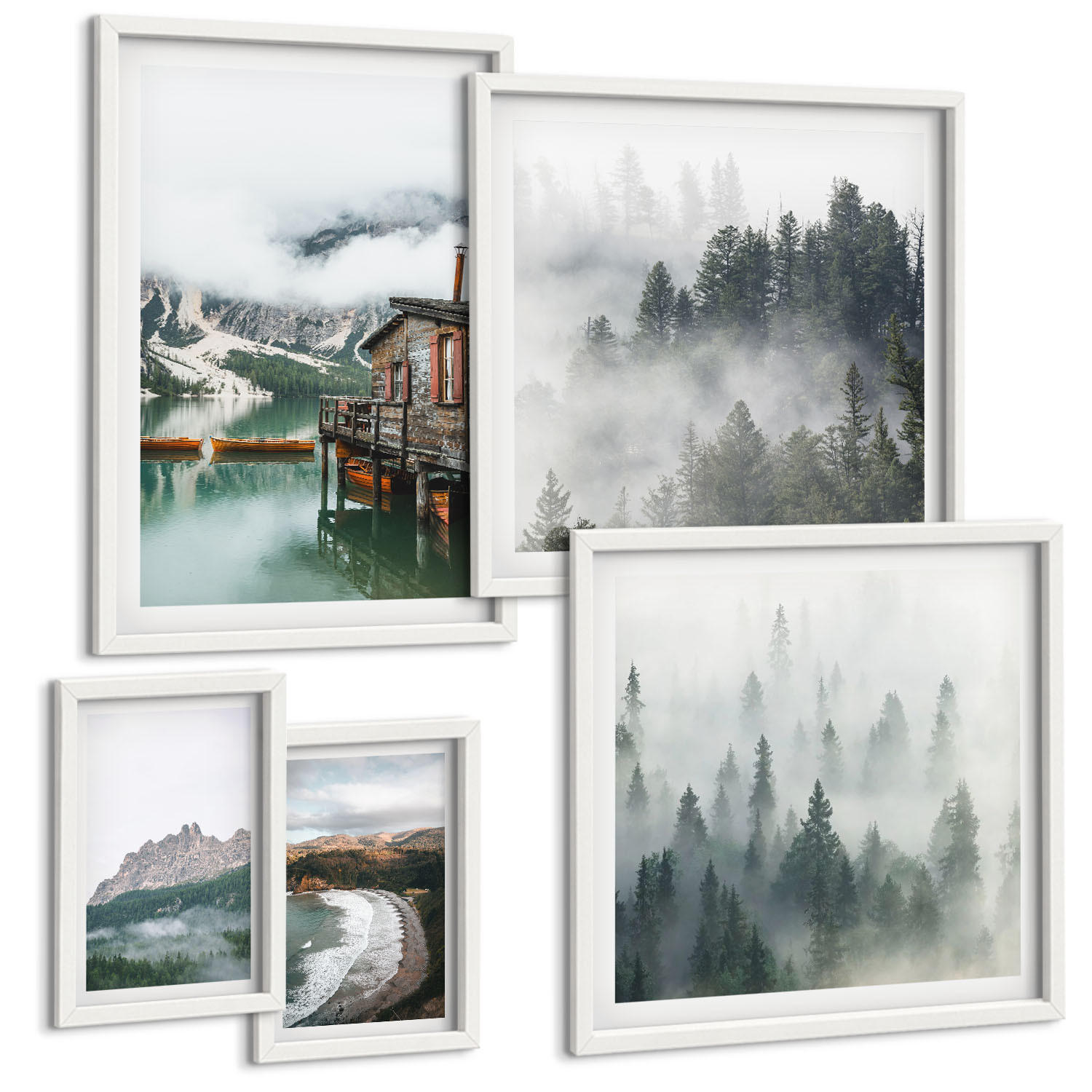 BILDER SET 5er Set - 50x50 cm & 20x30 cm & 40x60 cm Weißer Rahmen - Holzhausboot an Bergstränden - Weiß, Kunststoff (40/60cm) - TULUP