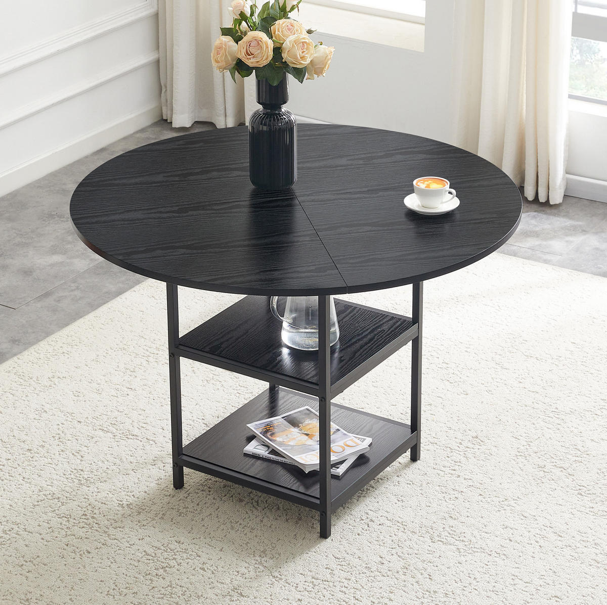 ESSTISCH aus MDF und Metall 107x107x75 cm Schwarz mit doppelter offener Ablage im Industrial-Stil - Schwarz, Holzwerkstoff (107/107/75cm) - Modfu