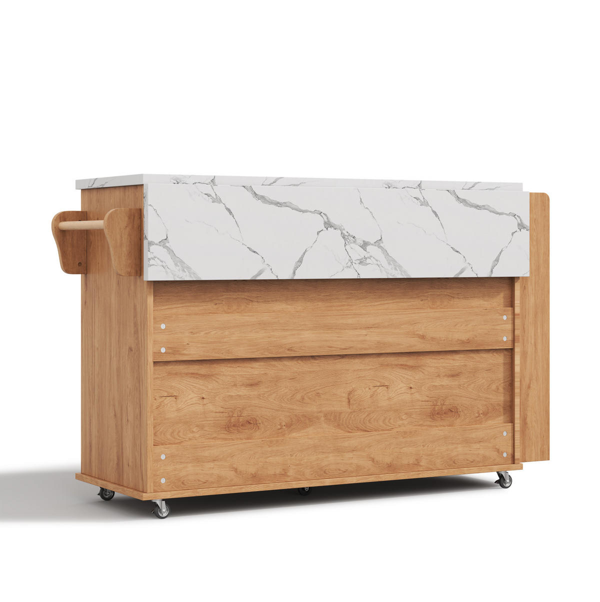 KÜCHENINSEL 138/70/90 cm mit klappbarer Arbeitsplatte, Glastüren und 5 Rollen aus MDF, Natur - Naturfarben, Holzwerkstoff (138/90/70cm) - Redom