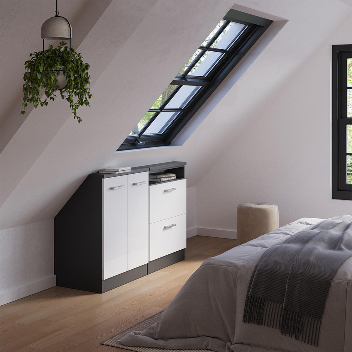 DACHSCHRÄGENSCHRANK-SET Rion Weiß Hochglanz/Anthrazit 2er Set - Weiß Hochglanz/Anthrazit, Holzwerkstoff (120/81.6/46cm) - Vicco