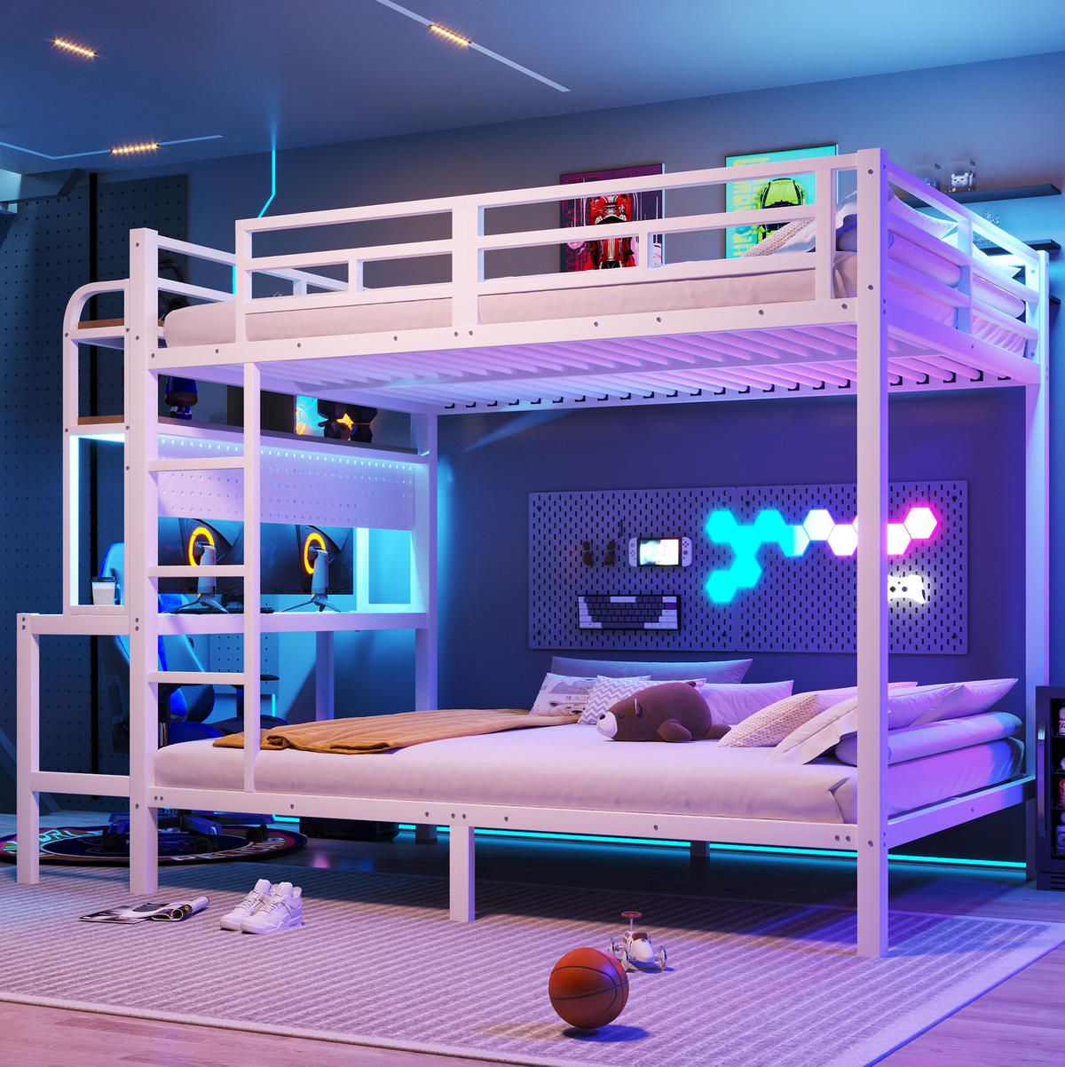 ETAGENBETT aus Metall und MDF 140x200 cm Weiß mit Schreibtisch, LED-Beleuchtung und USB-Anschluss - Weiß, Metall (140/200cm) - IVMEU