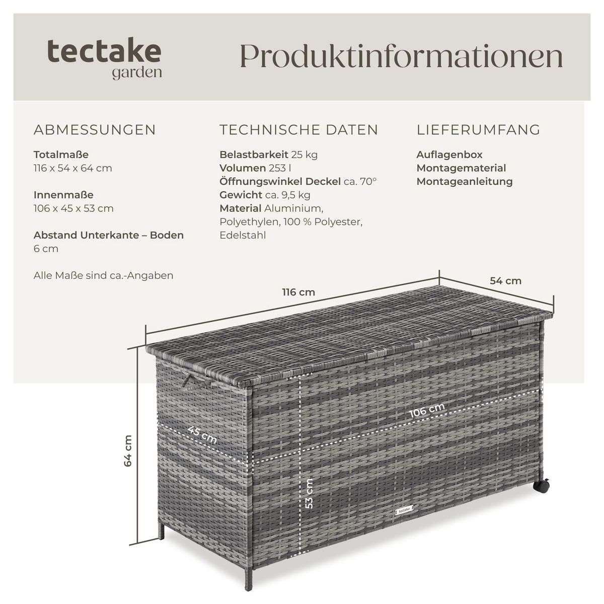 AUFLAGENBOX Kuusamo, 116 x 54 x 64 cm, grau - Grau, Kunststoff (54/64/116cm) - tectake