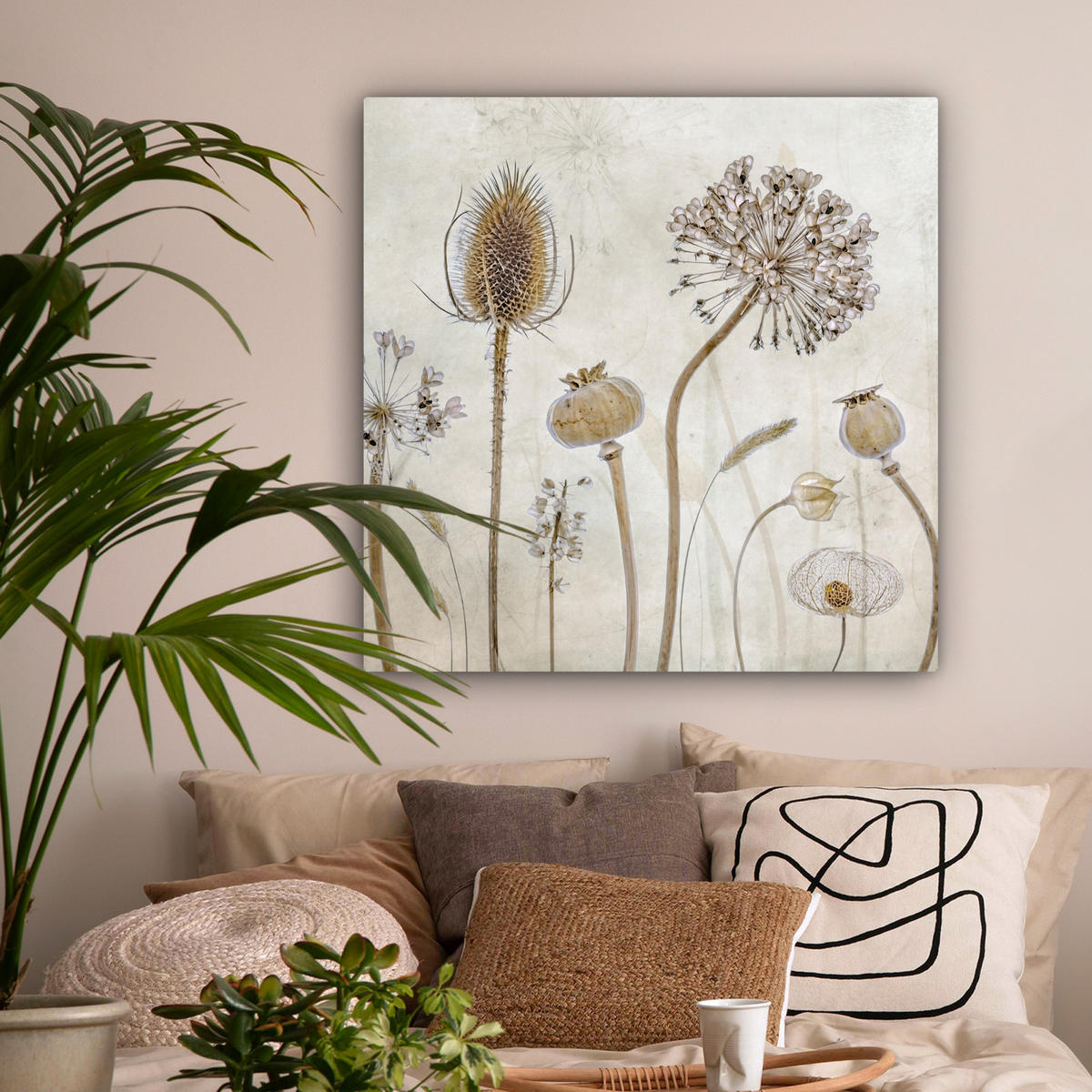 LEINWANDBILD Blumen - Aquarell - Stilleben - Braun - Vintage 90x90 cm - Beige, Textil (90/90cm) - MuchoWow