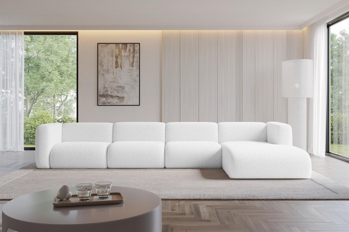 ECKSOFA Ottomane Rechts MIRA-L3 409x179x70 Weiß Bouclé - Schwarz/Weiß, Holzwerkstoff/Kunststoff (409/179cm) - ALTDECOR