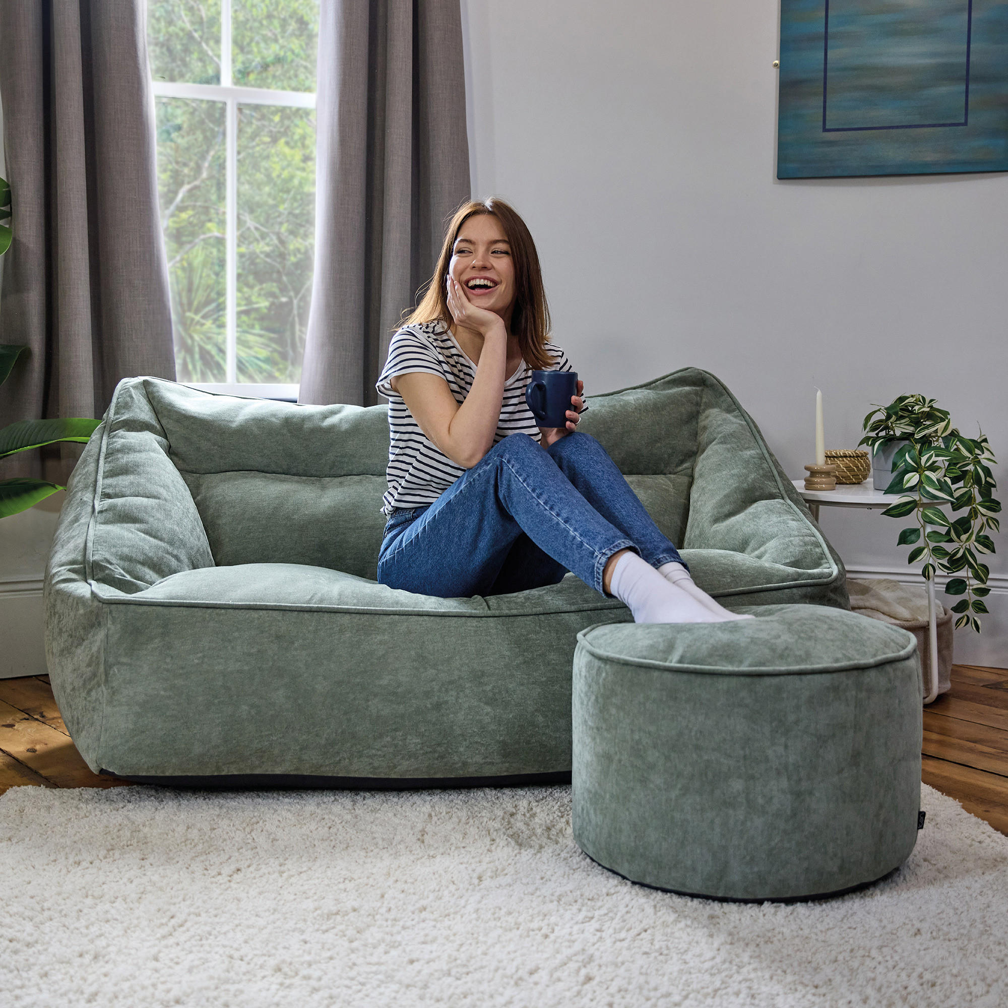SITZSACK Chenille-Sofa icon Cecilia und Fußhocker-Sitzsack Milano im 2-teiligen Set, salbeigrün - Salbeigrün, Kunststoff/Textil (160/70/93cm) - icon