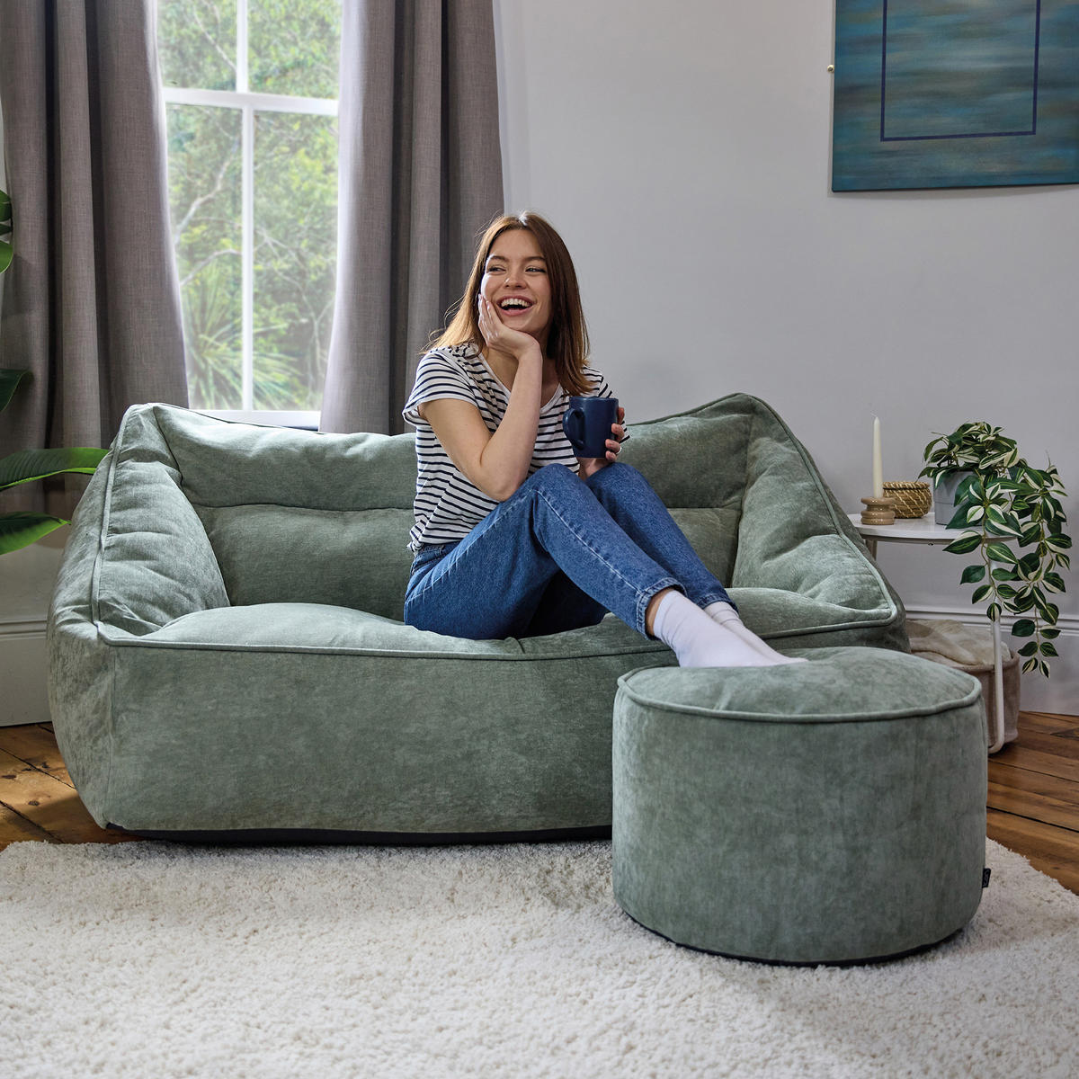 SITZSACK Chenille-Sofa icon Cecilia und Fußhocker-Sitzsack Milano im 2-teiligen Set, salbeigrün - Salbeigrün, Kunststoff/Textil (160/70/93cm) - icon
