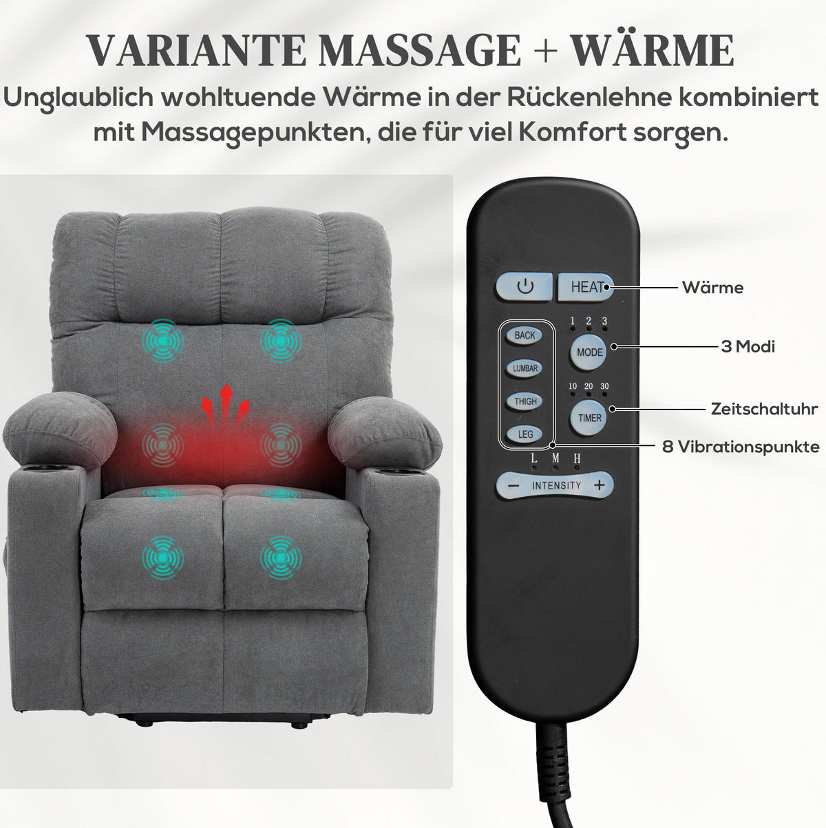FERNSEHSESSEL in Grau 95x91x109 cm mit Aufstehhilfe, Massage und Wärmefunktion - Grau, Textil (91/109/95cm) - IVMEU