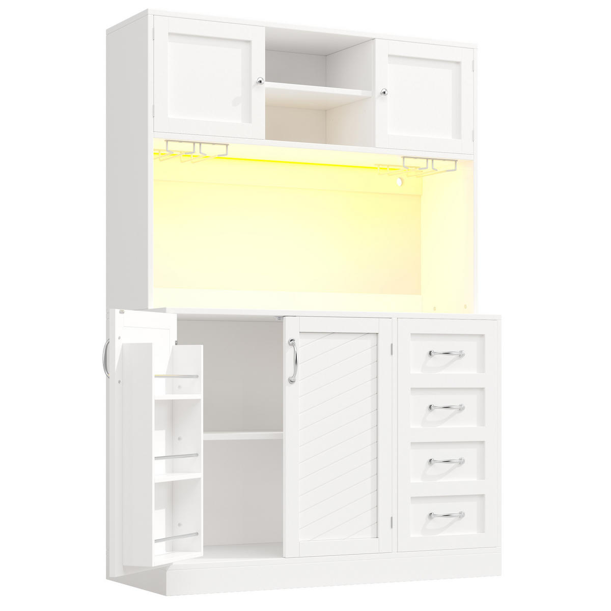 BUFFETSCHRANK 120/40/188 cm mit LED-Beleuchtung, 4 Türen, 2 Schubladen, Getränkehaltern und MDF-Korpus, Weiß - Weiß, Holzwerkstoff (120/188/40cm) - Redom