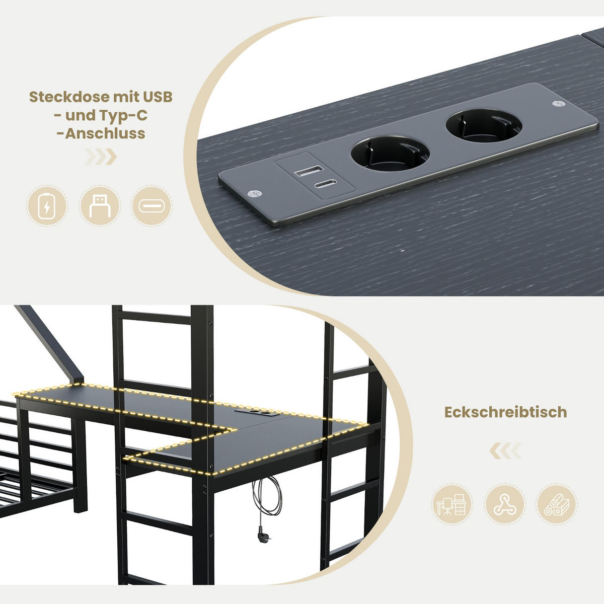 ETAGENBETT 90/200 cm Schwarz mit Schreibtisch, USB- und Type-C-Schnittstelle - Schwarz, Metall (90/200cm) - Oxeza