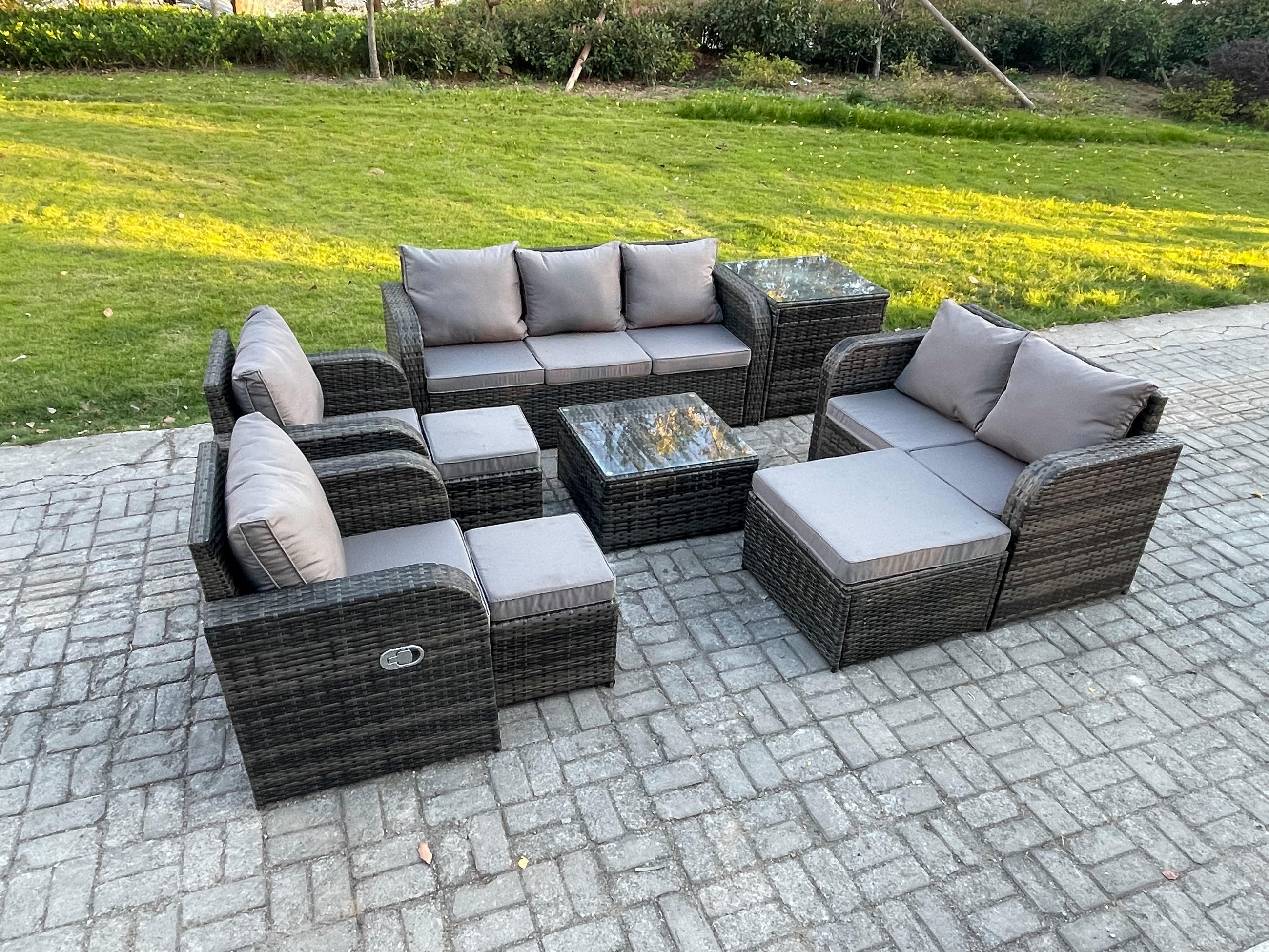 GARTENSOFA SET mit Couchtisch Polyrattan Dunkelgrau 9-teilige - Dunkelgrau/Grau, Glas/Kunststoff - Fimous