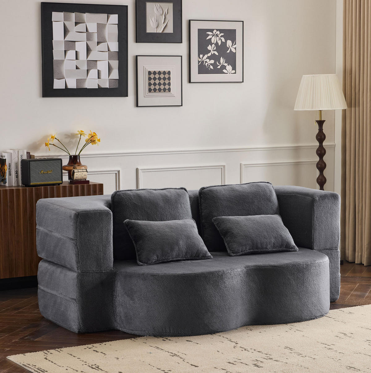 BODENSCHLAFSOFA faltbar Blau Grey mit 4 Kissen - Blau, Kunststoff (60/76/198cm) - Meubliv