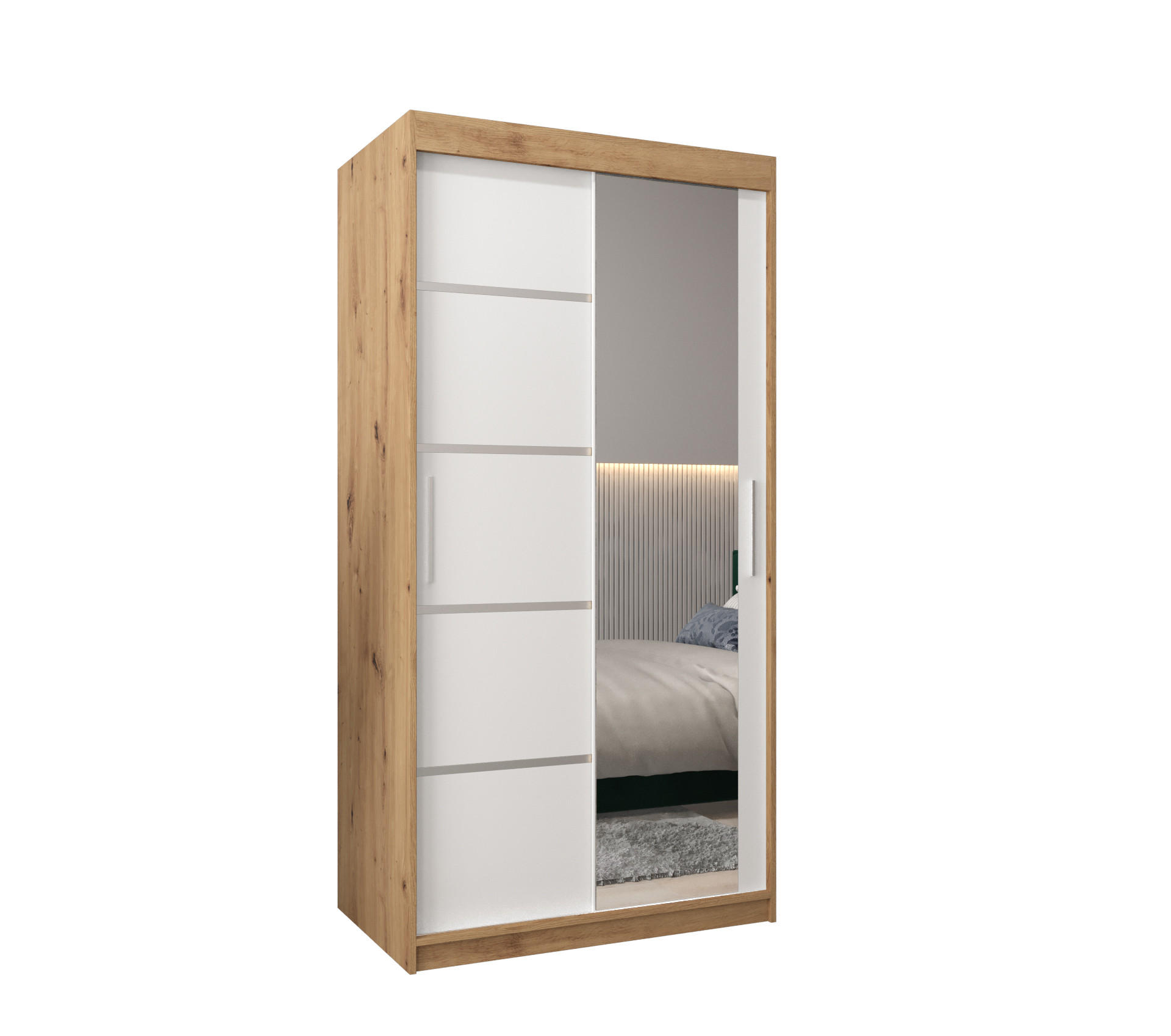 Möbel Kryspol Schwebetürenschrank Eiche Artisan, Weiß, Silber 100x200x62 cm