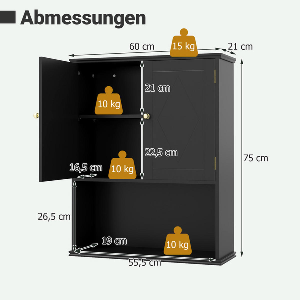 BAD-HÄNGESCHRANK mit 2 Türen schwarz - Schwarz, Holzwerkstoff (55.5/75/21cm) - COSTWAY