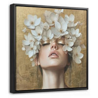 LEINWAND Bilder mit Rahmen - Gesicht - Blumen - Gold - Abstrakt - 20x20 - Goldfarben, Textil (20/20cm) - MuchoWow