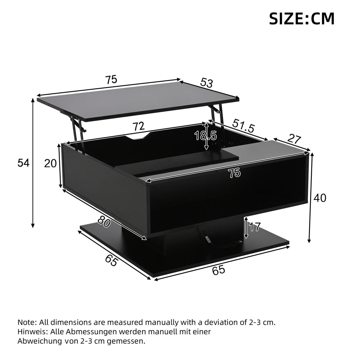 COUCHTISCH aus Spanplatte 80x75x40 cm in Schwarz mit LED & anhebbarer Tischplatte - Schwarz, Holzwerkstoff (75/80/40cm) - Modfu