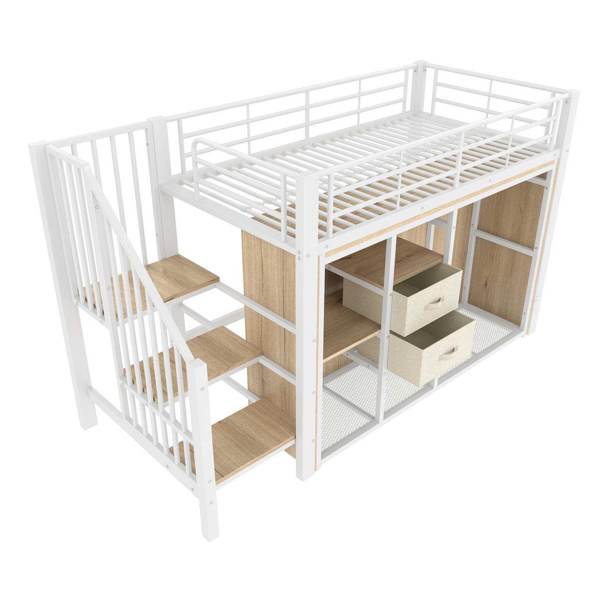 HALBHOHES BETT 90/200 cm Weiß mit 2 Schubladen und LED-Beleuchtung - Weiß, Metall (90/200cm) - MIVRAY