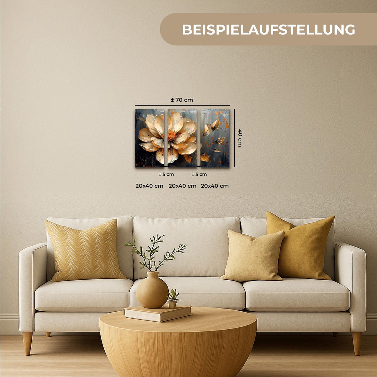 LEINWANDBILD 3er Set Blume - Gold - Abstrakt - Farbe 60x40 cm - Creme, Textil (60/40cm) - MuchoWow