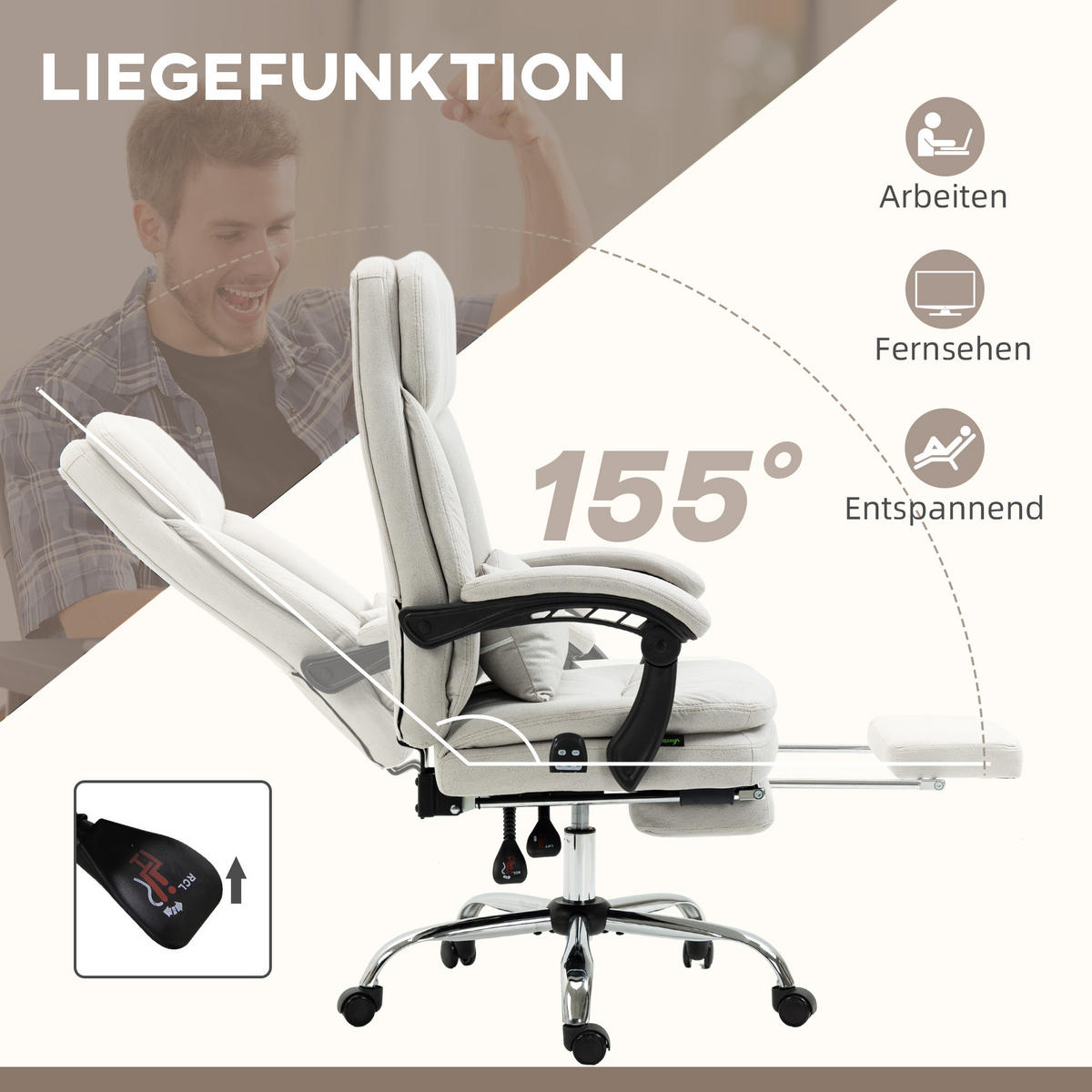 BÜROSTUHL mit Massagefunktion, Creme - Weiß, Kunststoff (67/118/66cm) - Vinsetto