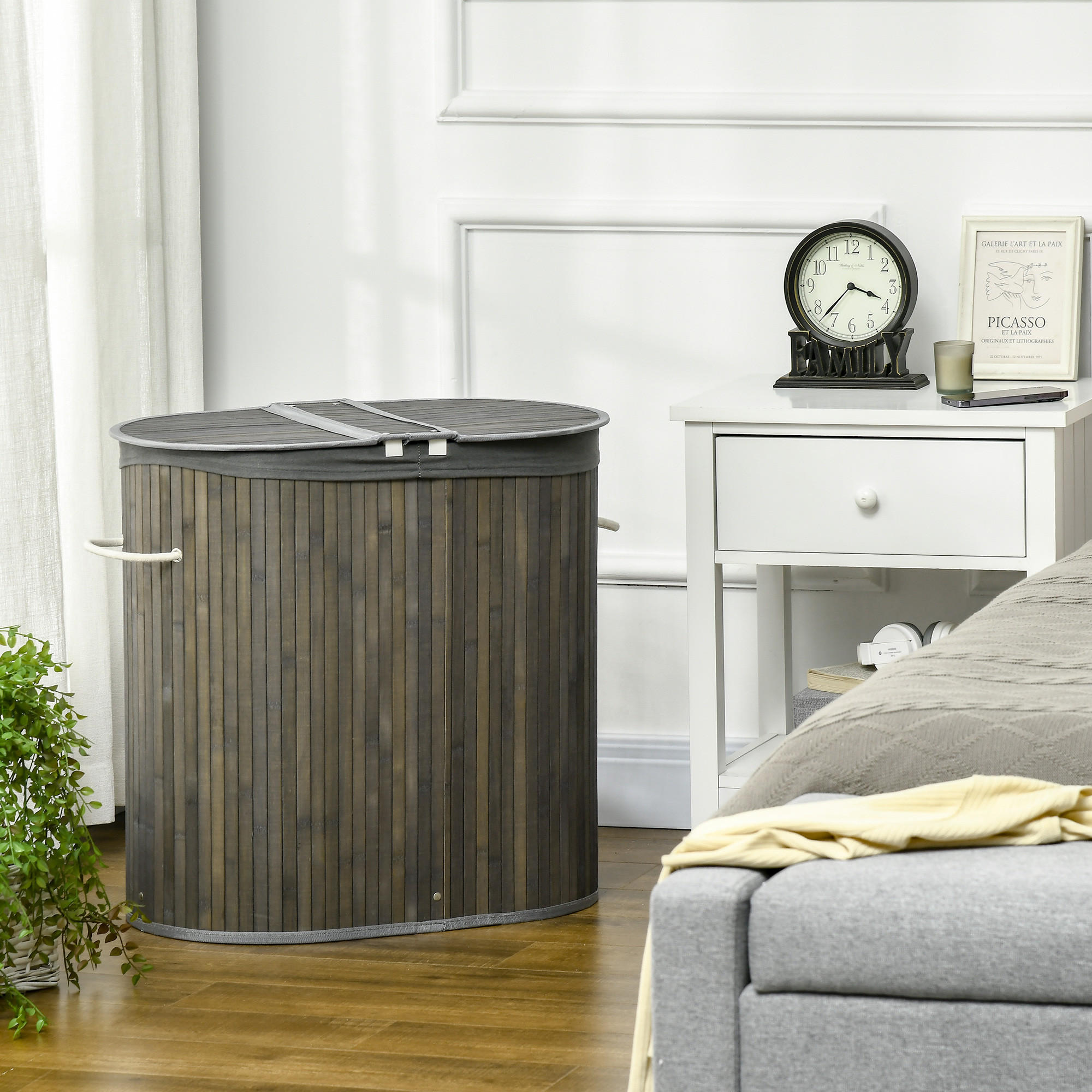 WÄSCHEKORB mit Deckel 100L, Bambus, Grau - Grau, Naturmaterialien (62.5/60.5/37cm) - HOMCOM
