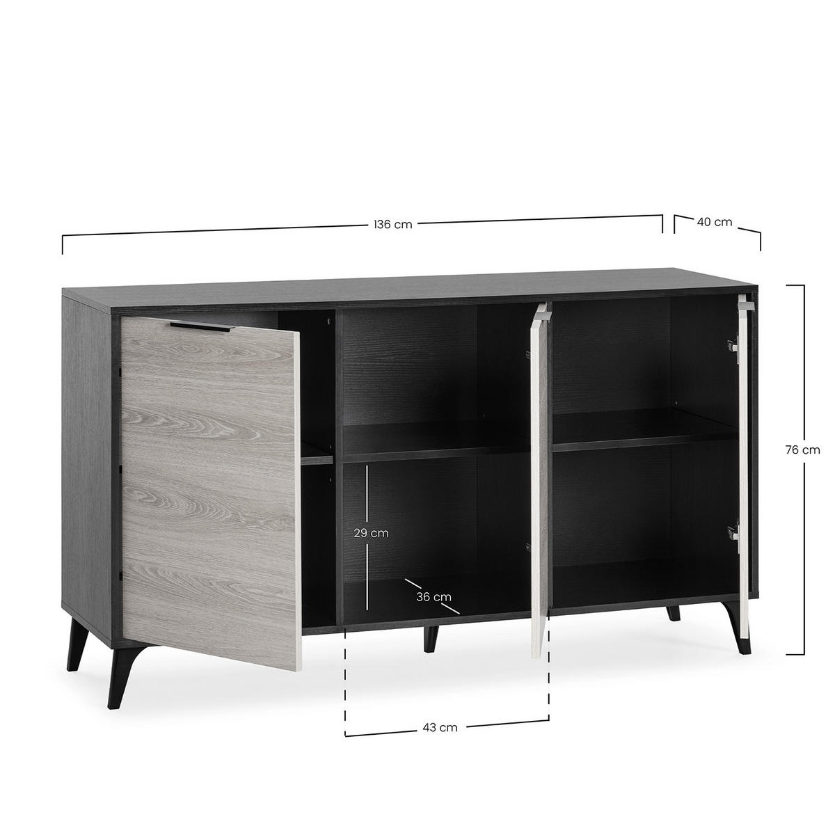 SIDEBOARD Kalma 3 Türen Schwarz/Eiche - Schwarz, Holzwerkstoff (136/76/40cm)
