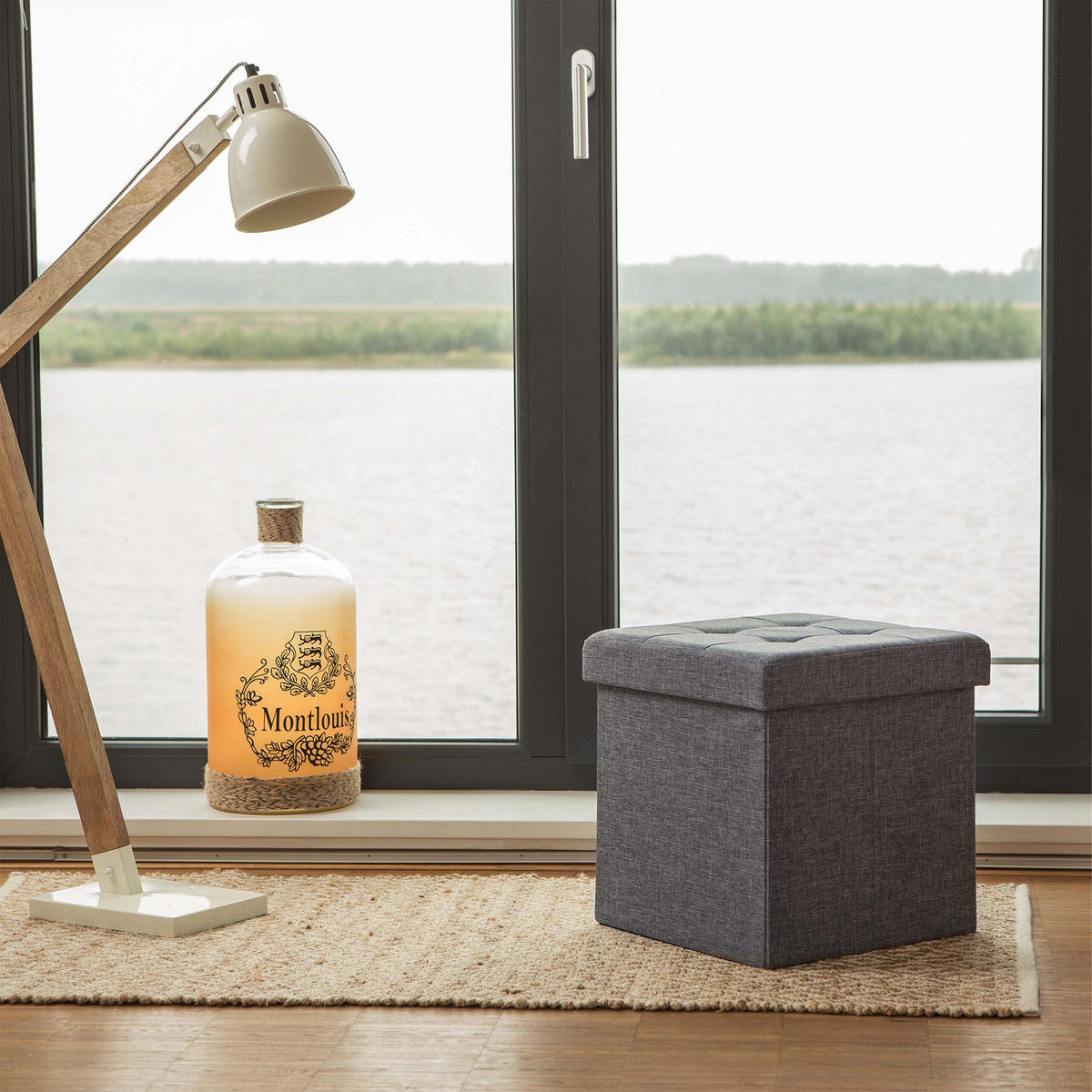 TABURET Tmavosivý skladací s úložným priestorom - antracitová, kompozitné drevo/textil (38/38/38cm) - Relaxdays