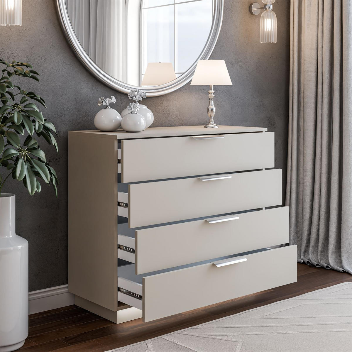 KOMMODE LINA KASCHMIR 95 mit LED-Beleuchtung auf Sockel Silber Chrom - Kaschmir, Holzwerkstoff (95/84/40cm) - Lookway