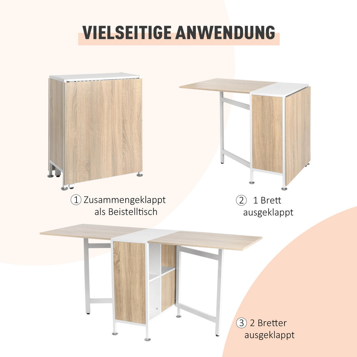 KLAPPTISCH Esstisch Beistelltisch Eiche Metallrahmen Küche Wohnzimmer Natur+Weiß - Naturfarben, Kunststoff (60/75/169cm) - HOMCOM