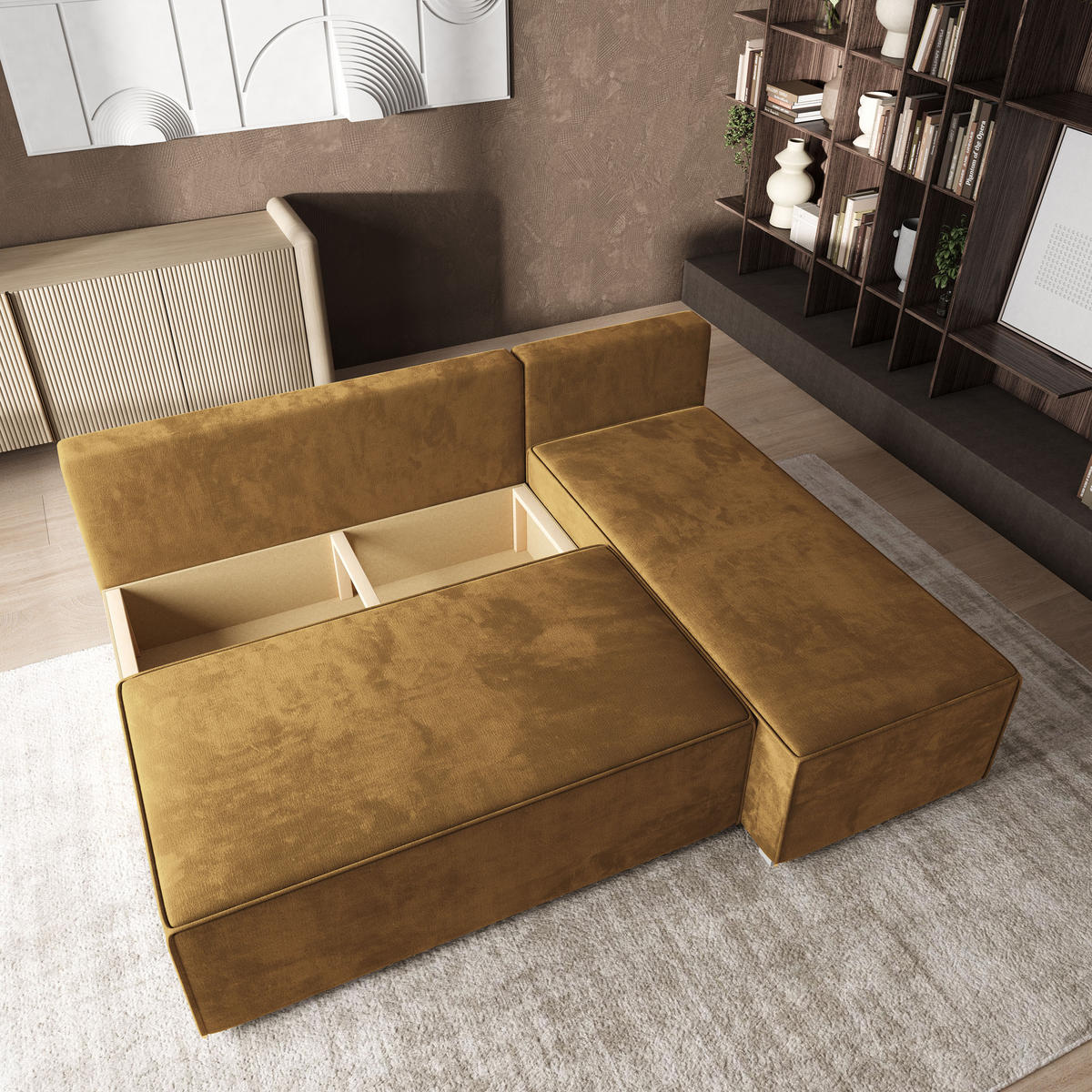 ROHOVÁ SEDAČKA BRISO žlutá - šedá/žlutá, dřevo/textil (200/140cm) - MASSENO